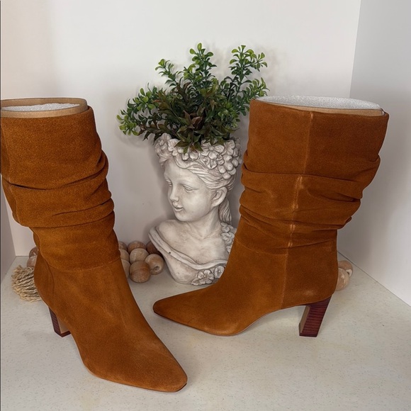 Vince Camuto Suede Ruched Mid-Shaft Boots - Skylar Size 8 Golden Walnut - Picture 2 of 13